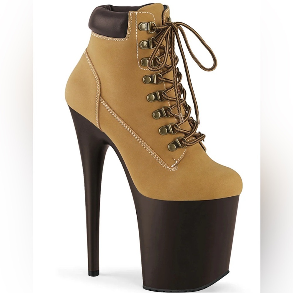 🦋B2G1🦋PLEASER 8” Tan Nubuck Faux Leather Brown Lace Up Platform Stiletto Boots